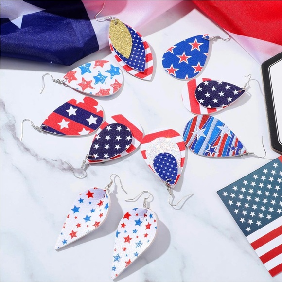 American Flag Leather Earrings Red White Blue - Picture 5 of 5